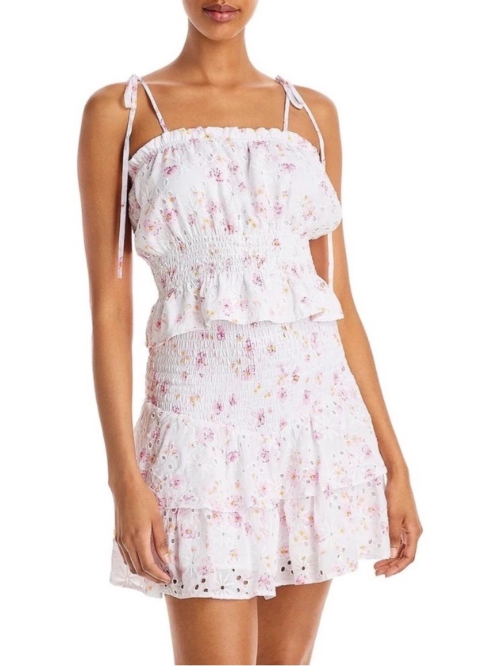Lucy Paris White Floral Eyelet Smocked Two-Piece Skirt Set
